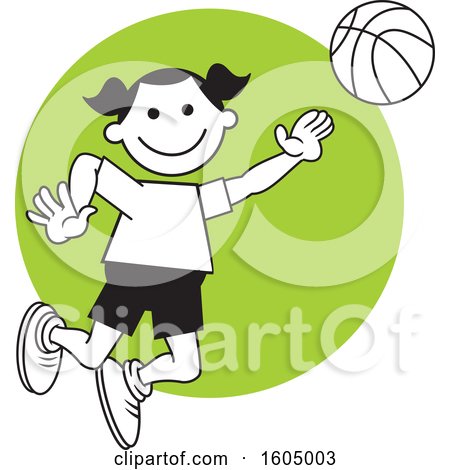 Clipart of a Girl Playing Basketball over a Green Circle - Royalty Free Vector Illustration by Johnny Sajem