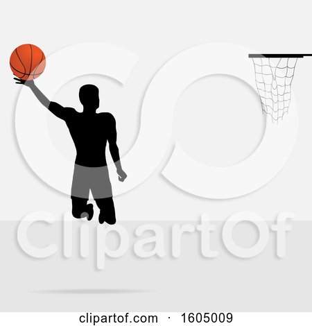 Clipart of a Silhouetted Basketball Player Jumping - Royalty Free