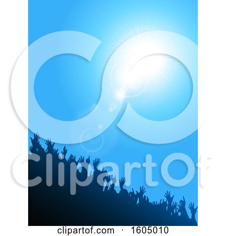 Clipart of a Silhouetted Crowd Holding Their Arms up Against a Sunny Blue Sky - Royalty Free Vector Illustration by elaineitalia