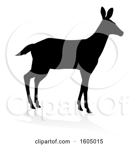 Clipart of a Silhouetted Black Silhouetted Deer Doe with a Shadow or Reflection, on a White Background - Royalty Free Vector Illustration by AtStockIllustration