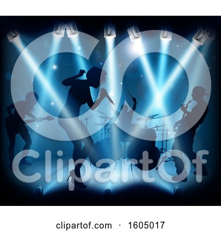 Clipart of a Silhouetted Band in Action on Stage in Blue Lighting - Royalty Free Vector Illustration by AtStockIllustration