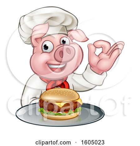 Clipart of a Chef Pig Holding a Cheeseburger on a Tray and Gesturing Perfect - Royalty Free Vector Illustration by AtStockIllustration