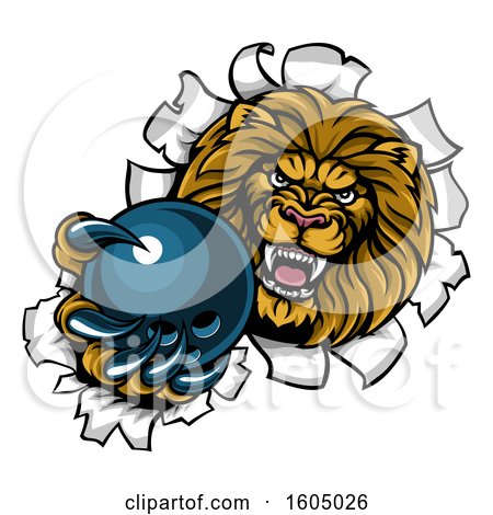 Clipart of a Tough Lion Sports Mascot Holding out a Bowling Ball and Breaking Through a Wall - Royalty Free Vector Illustration by AtStockIllustration