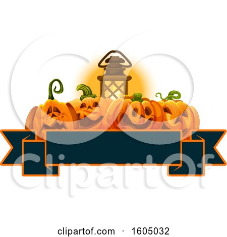 Clipart of a Lantern and Halloween Jackolantern Pumpkins over a Banner - Royalty Free Vector Illustration by Vector Tradition SM