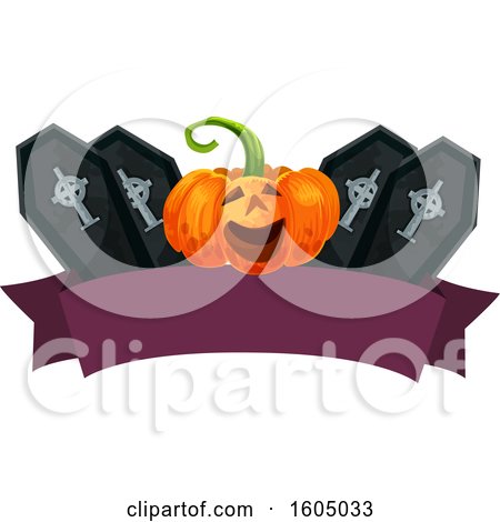 Clipart of a Banner with a Halloween Jackolantern Pumpkin and Coffins - Royalty Free Vector Illustration by Vector Tradition SM