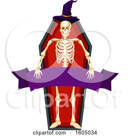 Clipart of a Skeleton with a Witch Hat and Banner in a Coffin - Royalty Free Vector Illustration by Vector Tradition SM