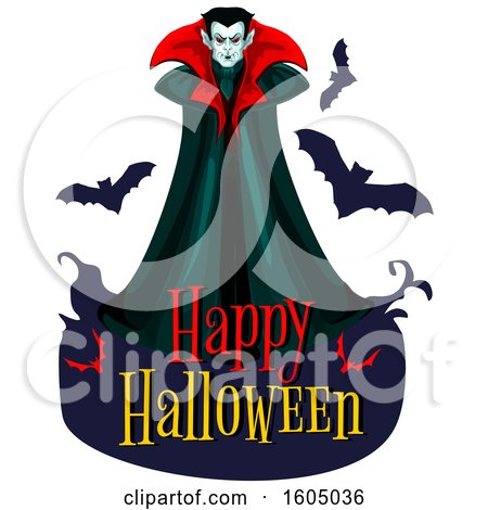 Clipart of a Happy Halloween Greeting with a Vampire with Bats - Royalty Free Vector Illustration by Vector Tradition SM