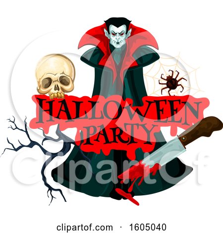 Clipart of a Halloween Party Design with a Skull Spider Bloody Knife and Vampire - Royalty Free Vector Illustration by Vector Tradition SM