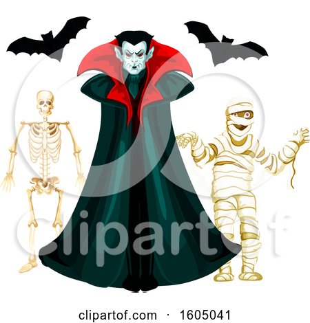 Clipart of a Vampire with Bats a Mummy and Skeleton - Royalty Free Vector Illustration by Vector Tradition SM