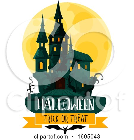 Clipart of a Haunted Halloween Castle and Full Moon over Banners - Royalty Free Vector Illustration by Vector Tradition SM