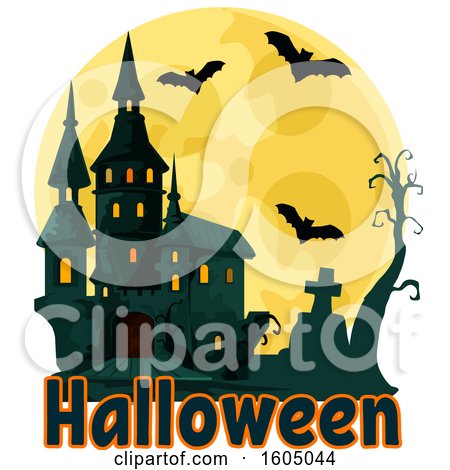 Clipart of a Haunted Halloween Castle and Full Moon with Bats and a Cemetery - Royalty Free Vector Illustration by Vector Tradition SM