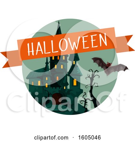 Clipart of a Halloween Banner over a Haunted Castle and Bat - Royalty Free Vector Illustration by Vector Tradition SM