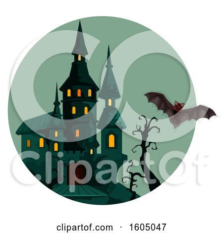 Clipart of a Haunted Halloween Castle and Bat - Royalty Free Vector Illustration by Vector Tradition SM
