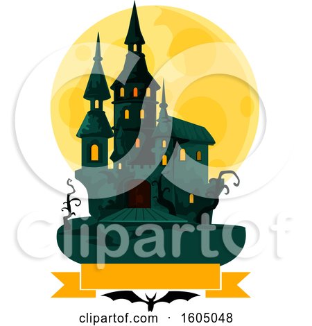 Clipart of a Haunted Halloween Castle and Full Moon over a Banner and Bat - Royalty Free Vector Illustration by Vector Tradition SM