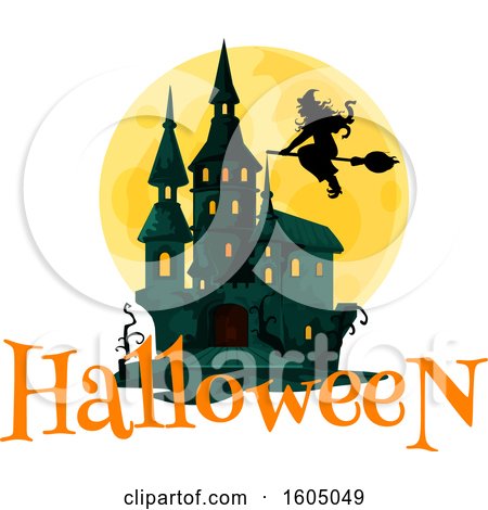 Clipart of a Haunted Castle and Full Moon with a Witch - Royalty Free Vector Illustration by Vector Tradition SM