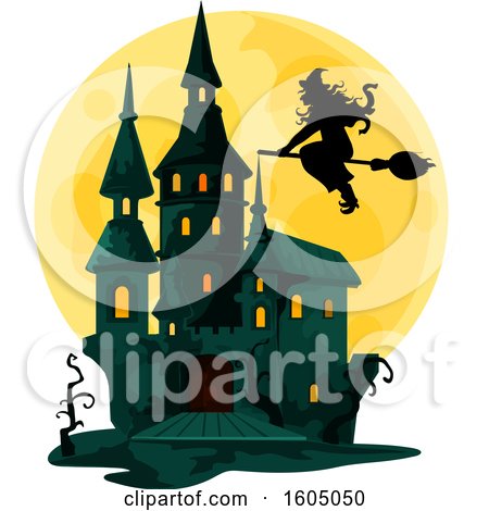 Clipart of a Haunted Halloween Castle and Full Moon with a Witch - Royalty Free Vector Illustration by Vector Tradition SM