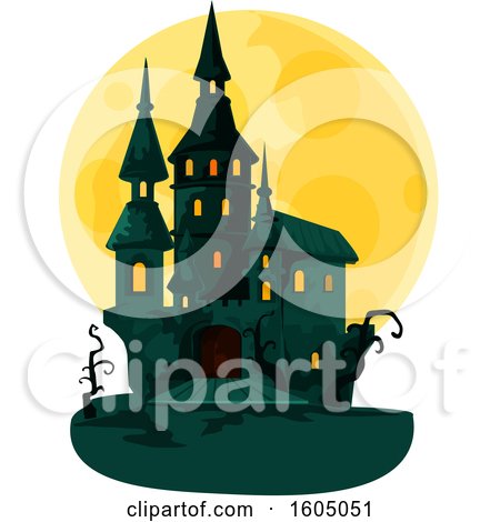 Clipart of a Haunted Halloween Castle and Full Moon - Royalty Free Vector Illustration by Vector Tradition SM