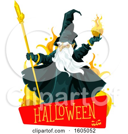 Clipart of a Wizard Throwing a Fire Ball over a Halloween Banner - Royalty Free Vector Illustration by Vector Tradition SM