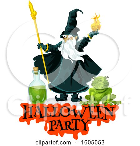 Clipart of a Wizard Throwing a Fire Ball over a Frog and Halloween Party Text - Royalty Free Vector Illustration by Vector Tradition SM