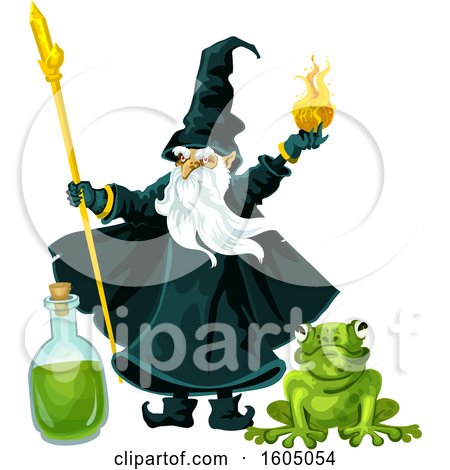 Clipart of a Wizard Throwing a Fire Ball over a Potion Bottle and Frog - Royalty Free Vector Illustration by Vector Tradition SM
