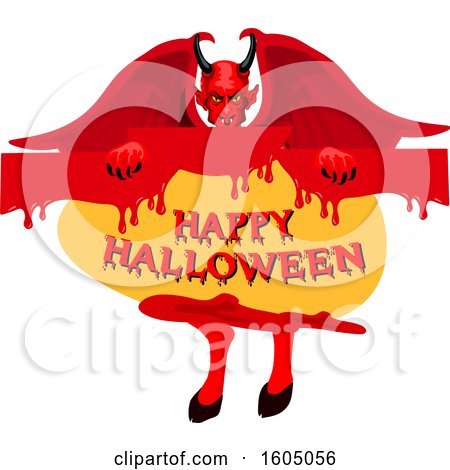 Clipart of a Demon Holding a Happy Halloween Sign - Royalty Free Vector Illustration by Vector Tradition SM