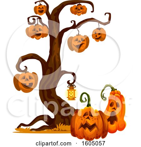 Clipart of a Tree with Halloween Jackolantern Pumpkins - Royalty Free Vector Illustration by Vector Tradition SM