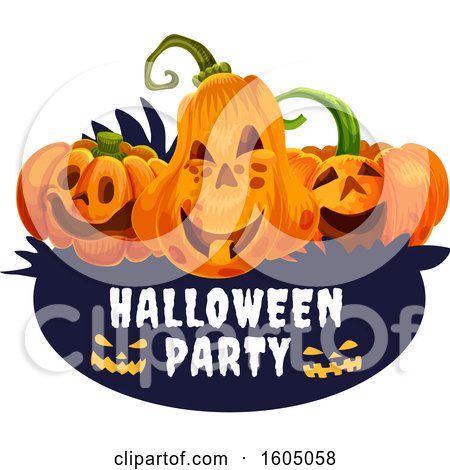 Clipart of Halloween Jackolantern Pumpkins over a Party Banner - Royalty Free Vector Illustration by Vector Tradition SM