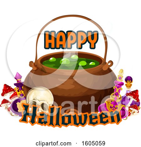 Clipart of a Happy Halloween Greeting and Cauldron - Royalty Free Vector Illustration by Vector Tradition SM
