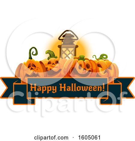 Clipart of a Lantern and Jackolantern Pumpkins over a Happy Halloween Banner - Royalty Free Vector Illustration by Vector Tradition SM