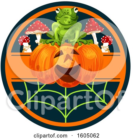Clipart of a Frog on a Jackolantern Halloween Pumpkin Above a Web - Royalty Free Vector Illustration by Vector Tradition SM