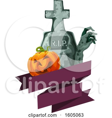 Clipart of a Halloween Pumpkin Zombie Hand and Tombstone over a Banner - Royalty Free Vector Illustration by Vector Tradition SM