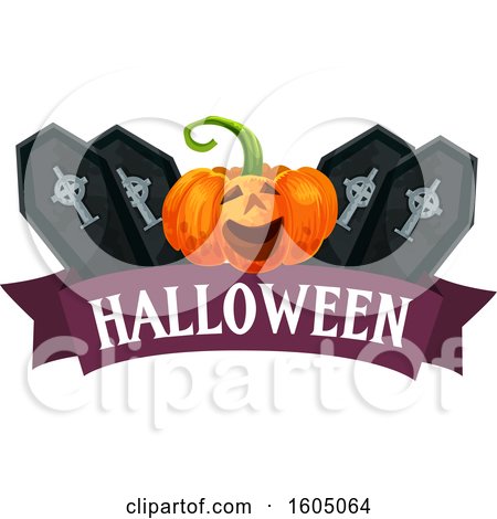 Clipart of a Halloween Banner with a Jackolantern Pumpkin and Coffins - Royalty Free Vector Illustration by Vector Tradition SM