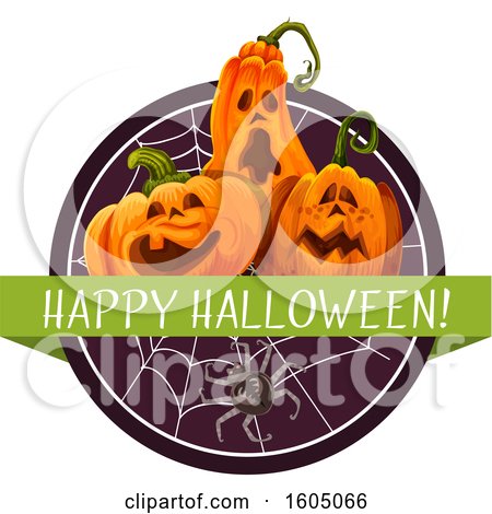 Clipart of a Happy Halloween Greeting with a Spider Web and Halloween Jackolanterns - Royalty Free Vector Illustration by Vector Tradition SM