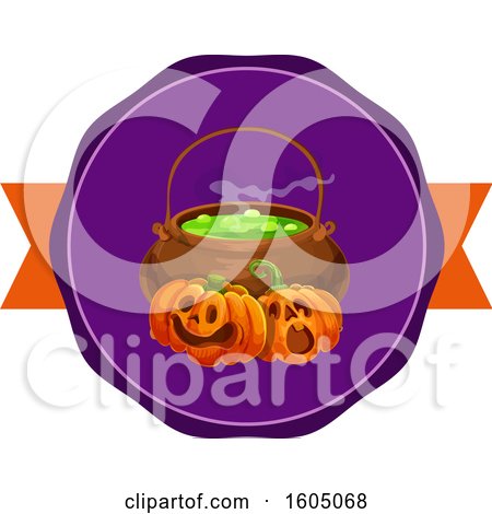 Clipart of a Cauldron and Halloween Jackolantern Pumpkins - Royalty Free Vector Illustration by Vector Tradition SM