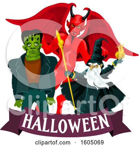 Clipart of a Demon Wizard and Frankenstein over a Halloween Banner - Royalty Free Vector Illustration by Vector Tradition SM