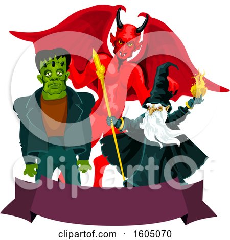 Clipart of a Demon Wizard and Frankenstein over a Banner - Royalty Free Vector Illustration by Vector Tradition SM