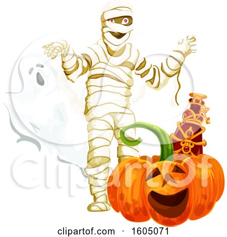 Clipart of a Halloween Ghost Mummy and Jackolantern Pumpkin - Royalty Free Vector Illustration by Vector Tradition SM