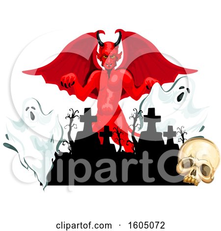 Clipart of a Demon with Ghosts and a Skull in a Cemetery - Royalty Free Vector Illustration by Vector Tradition SM