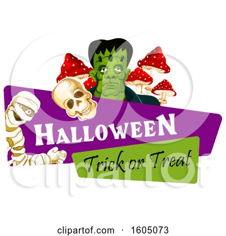 Clipart of a Halloween Trick or Treat Banner with a Mummy Skull and Frankenstein - Royalty Free Vector Illustration by Vector Tradition SM
