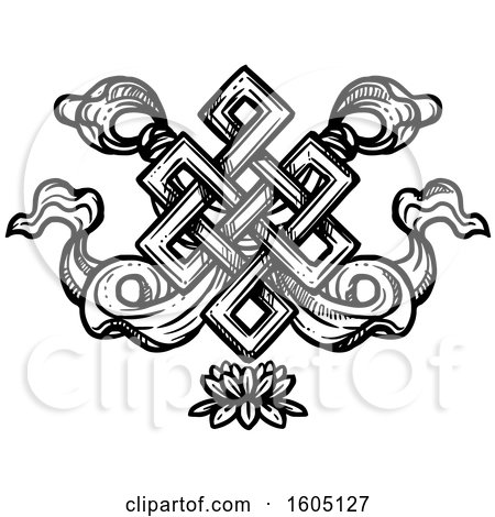 Clipart of a Sketched Black and White Buddhist Eternal Knot over a Lotus Flower - Royalty Free Vector Illustration by Vector Tradition SM