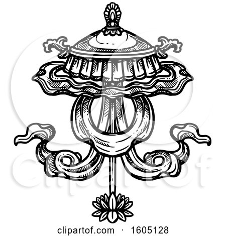 Clipart of a Sketched Black and White Buddhist Dhvaja Victory Banner - Royalty Free Vector Illustration by Vector Tradition SM