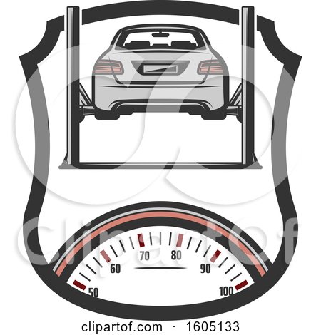 Clipart of a Shield with a Car on a Lift over a Speedometer - Royalty Free Vector Illustration by Vector Tradition SM