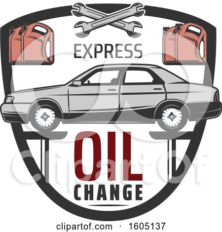 Clipart of a Shield with a Car on a Lift with Express Oil Change Text - Royalty Free Vector Illustration by Vector Tradition SM
