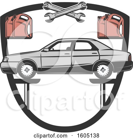 Clipart of a Shield with a Car on a Lift - Royalty Free Vector Illustration by Vector Tradition SM