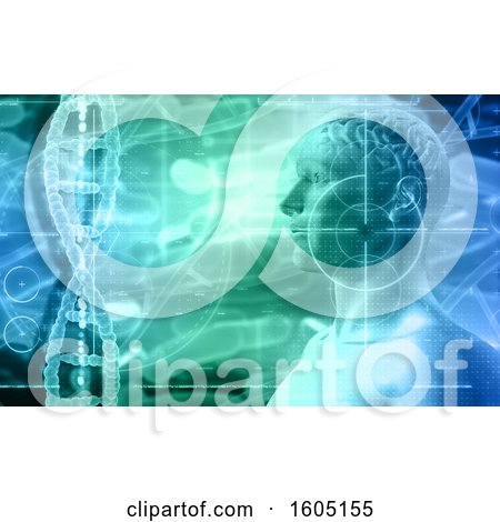 Clipart of a 3d Man with a Visible Brain and Circles over a Virus and Dna Strand Background - Royalty Free Illustration by KJ Pargeter