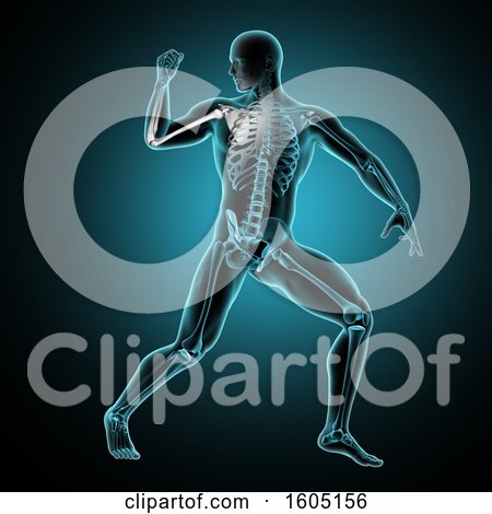 Clipart of a 3d Xray Man with Visible Skeleton and Arm Bones Highlighted, over Blue and Black - Royalty Free Illustration by KJ Pargeter