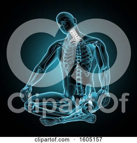 Clipart of a 3d Xray Man with Visible Skeleton and Neck Bones Highlighted, over Blue and Black - Royalty Free Illustration by KJ Pargeter
