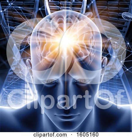 Clipart of a 3d Man with Glowing Visible Brain over Cells and Dna Strands - Royalty Free Illustration by KJ Pargeter