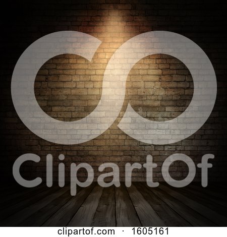 Clipart of a 3d Wood Floor and Brick Wall with a Spotlight - Royalty Free Illustration by KJ Pargeter