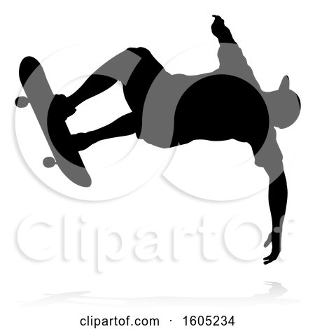 Clipart of a Silhouetted Male Skateboarder with a Reflection or Shadow, on a White Background - Royalty Free Vector Illustration by AtStockIllustration